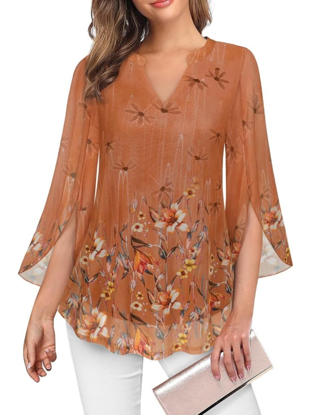 VALOLIA Women's Tops Orange 3/4 Sleeve Floral V Neck Double Layers Mesh Blouses
